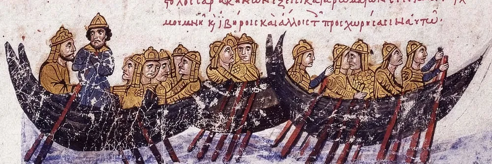 An Islamic miniature depicting the Andalusian Muslims' sea voyage toward Crete, a fleet of wooden ships on stylised waves.