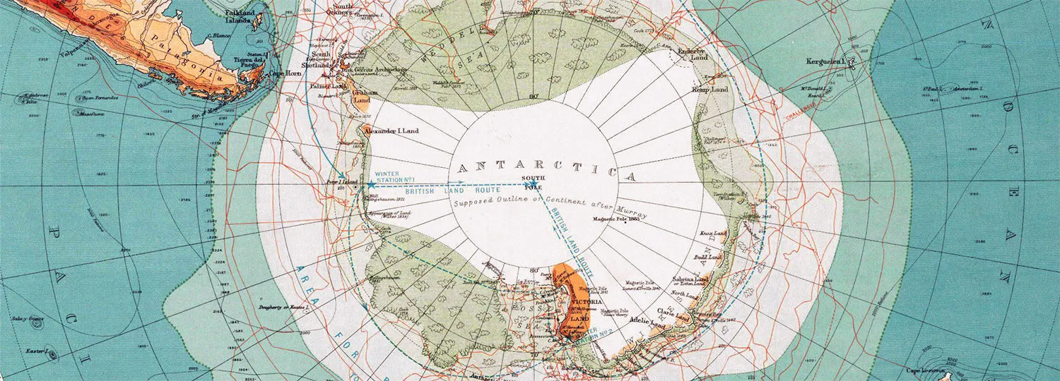A wide-format cartographic panel of Antarctica with each national claim marked as a coloured pie slice radiating from the South Pole.