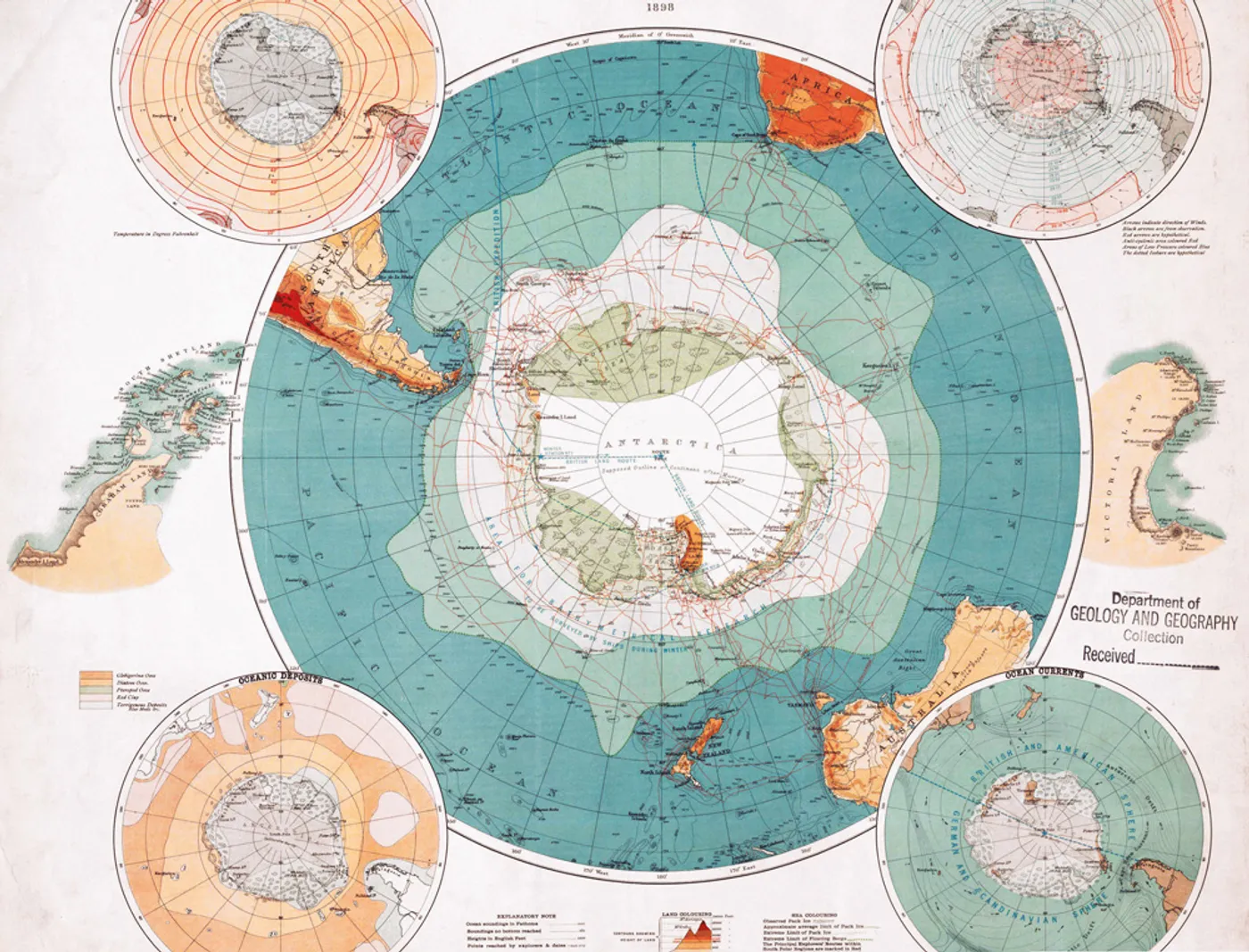 A satellite-style map of Antarctica showing its circular ice-covered landmass, overlaid with faint lines marking the overlapping territorial claims.