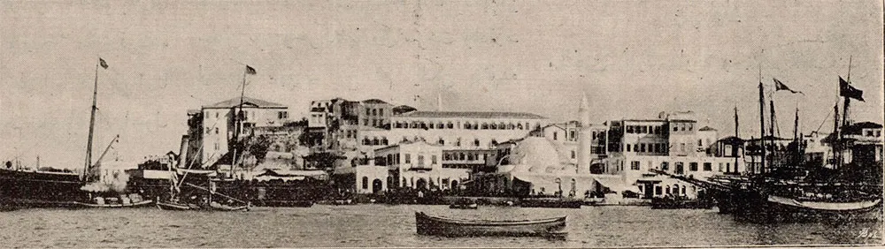 A panoramic engraving of the Mekteb-i Kebir and the Yalı Mosque on the waterfront of Chania, Crete, under Ottoman rule.