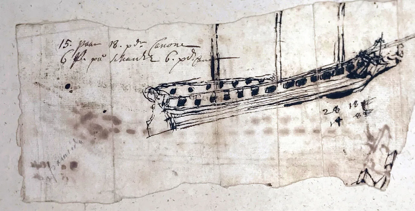 An old technical sketch of an Ottoman ship, attributed to Charles XII, showing the hull lines and rigging of a frigate.