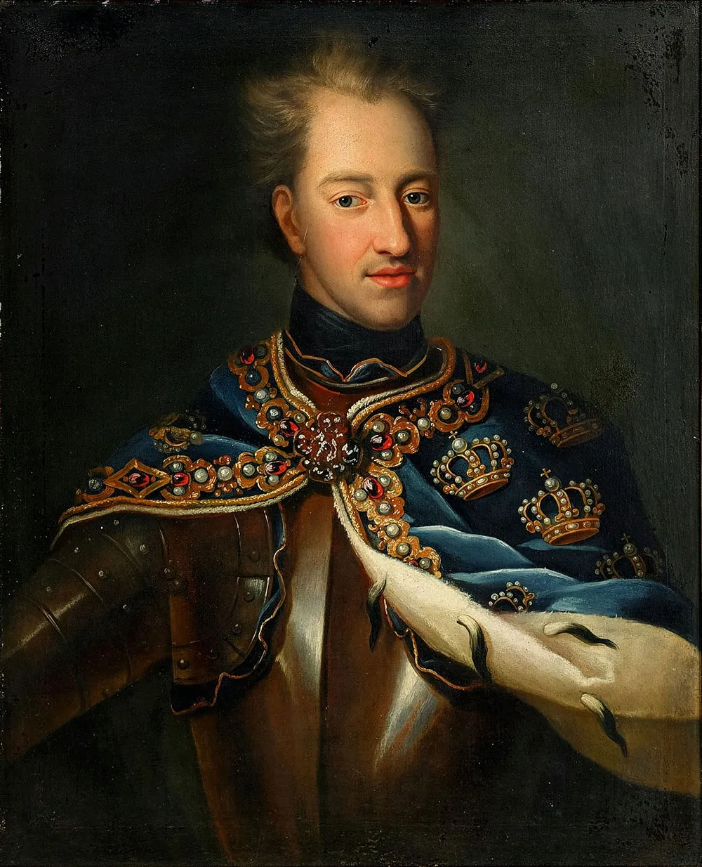 A portrait of King Charles XII of Sweden in armour, a young man with a stern expression.