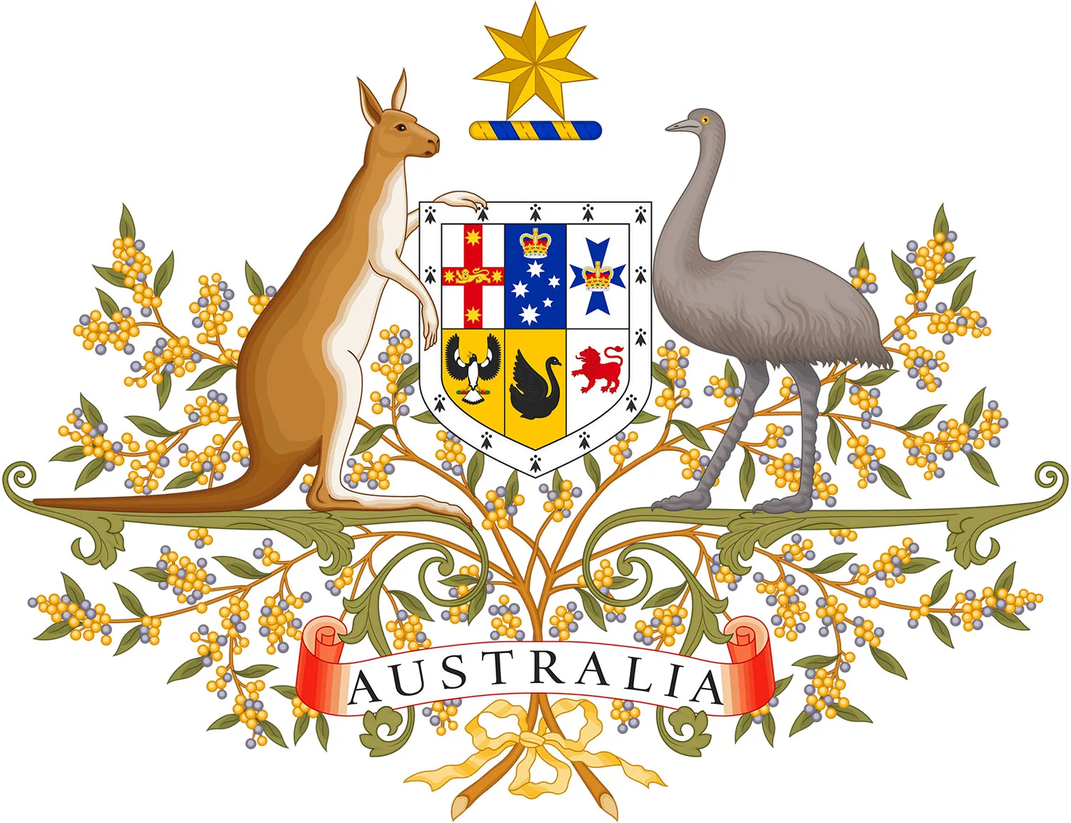 The Australian coat of arms, with a kangaroo standing on the left and an emu on the right, supporting a central shield.