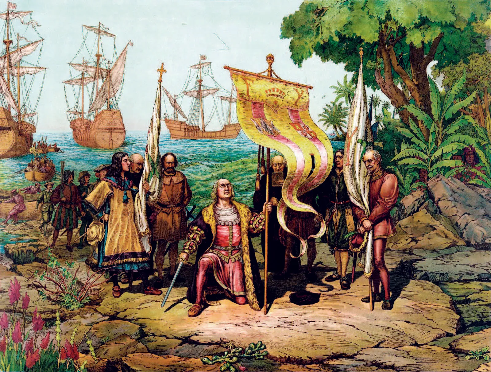 A heroic oil painting of Christopher Columbus coming ashore on an American beach, surrounded by his crew and onlookers.