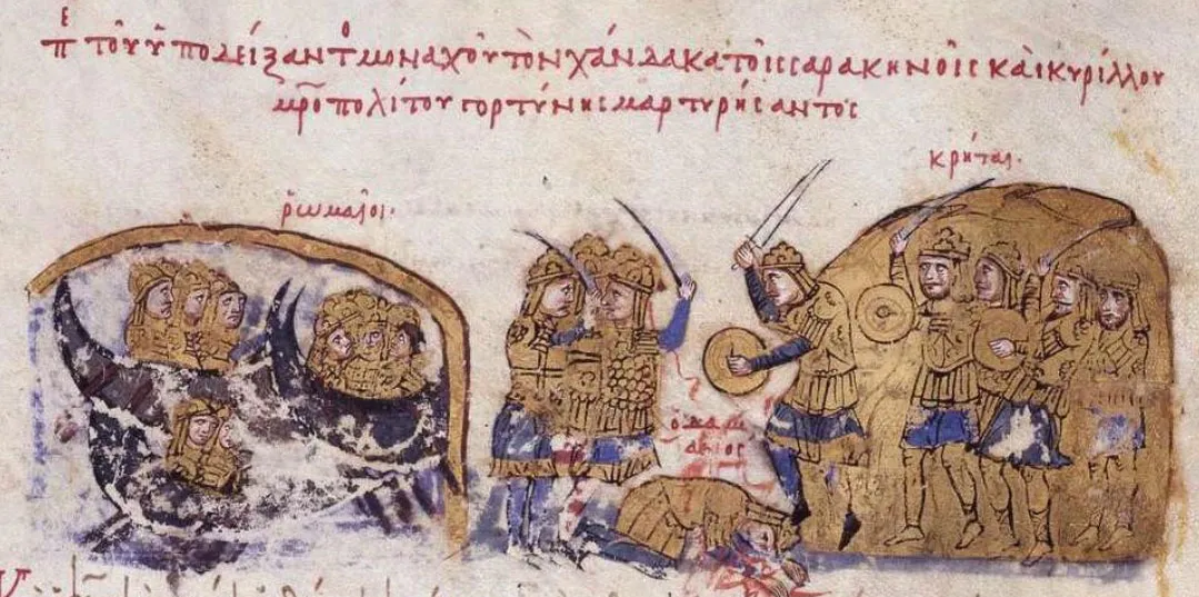 A historical depiction of Cretan Muslim forces defeating Byzantine soldiers in battle.