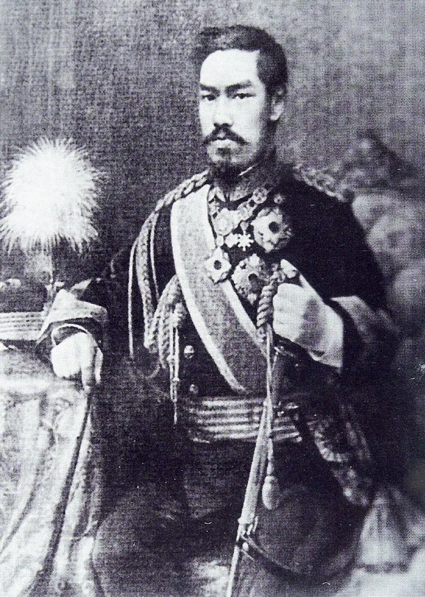 A formal portrait of the Japanese Emperor Meiji (Mutsuhito) in military dress uniform.