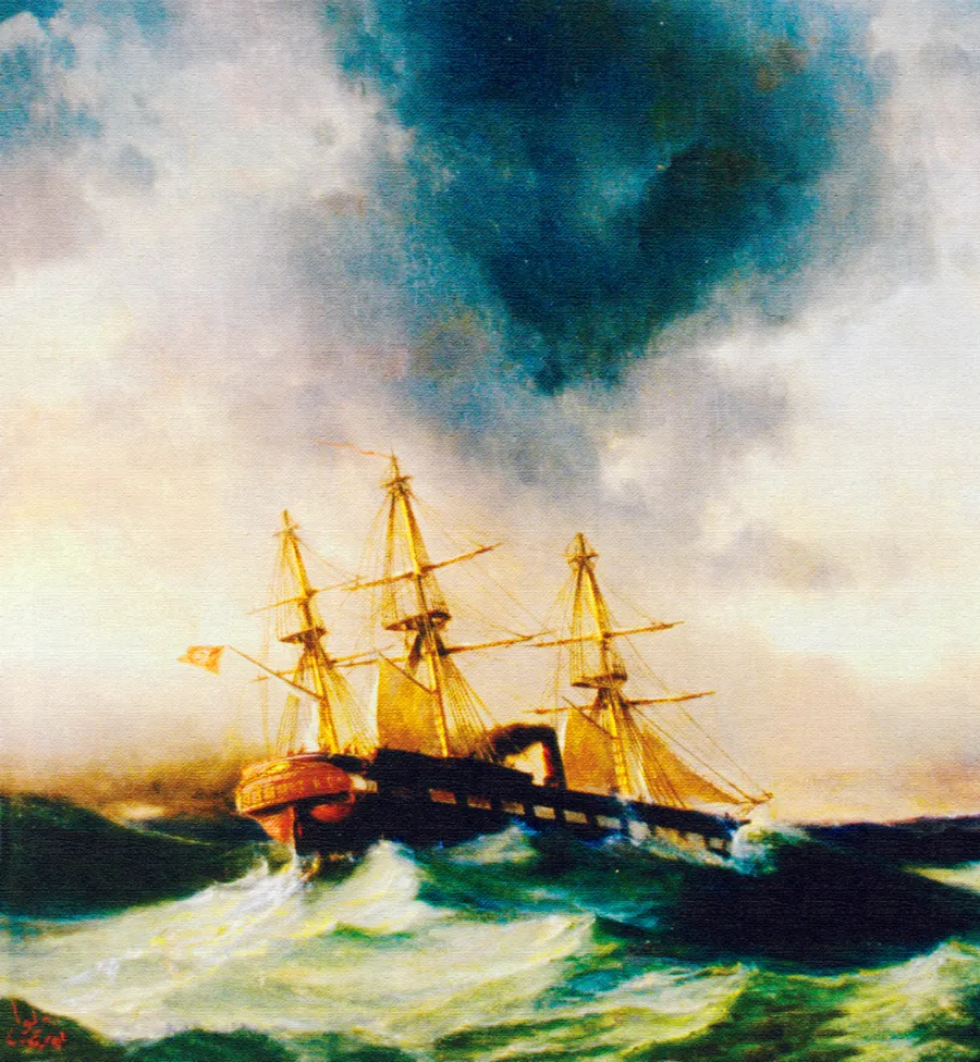 A 19th-century painting of the Ertuğrul frigate battling a storm at night.