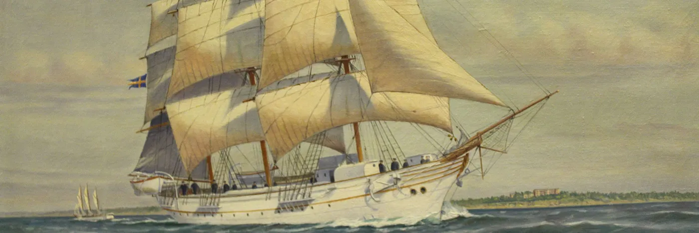 A painting of the Swedish frigate Jarramas under full sail, its lines modelled on Ottoman warships.
