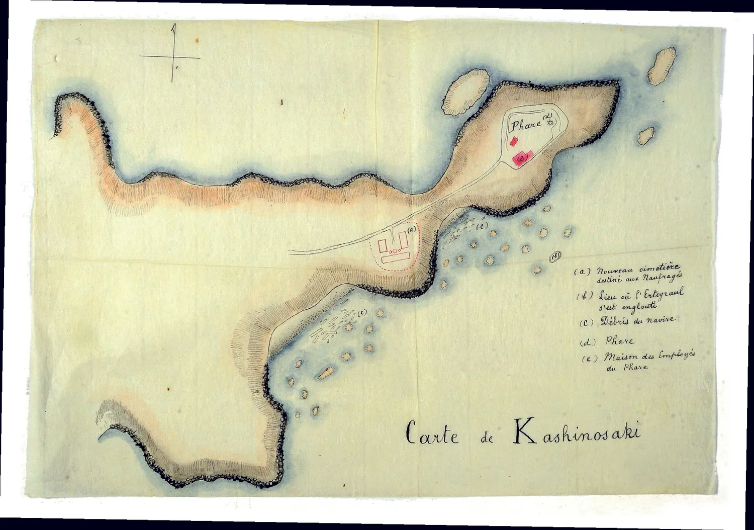A hand-drawn French-language map of Kashinozaki showing where the Ertuğrul sank.