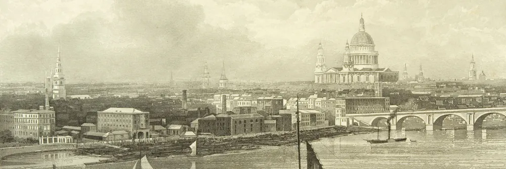 A panorama of London along the Thames, with Big Ben, the London Eye, and the city skyline under a grey sky.