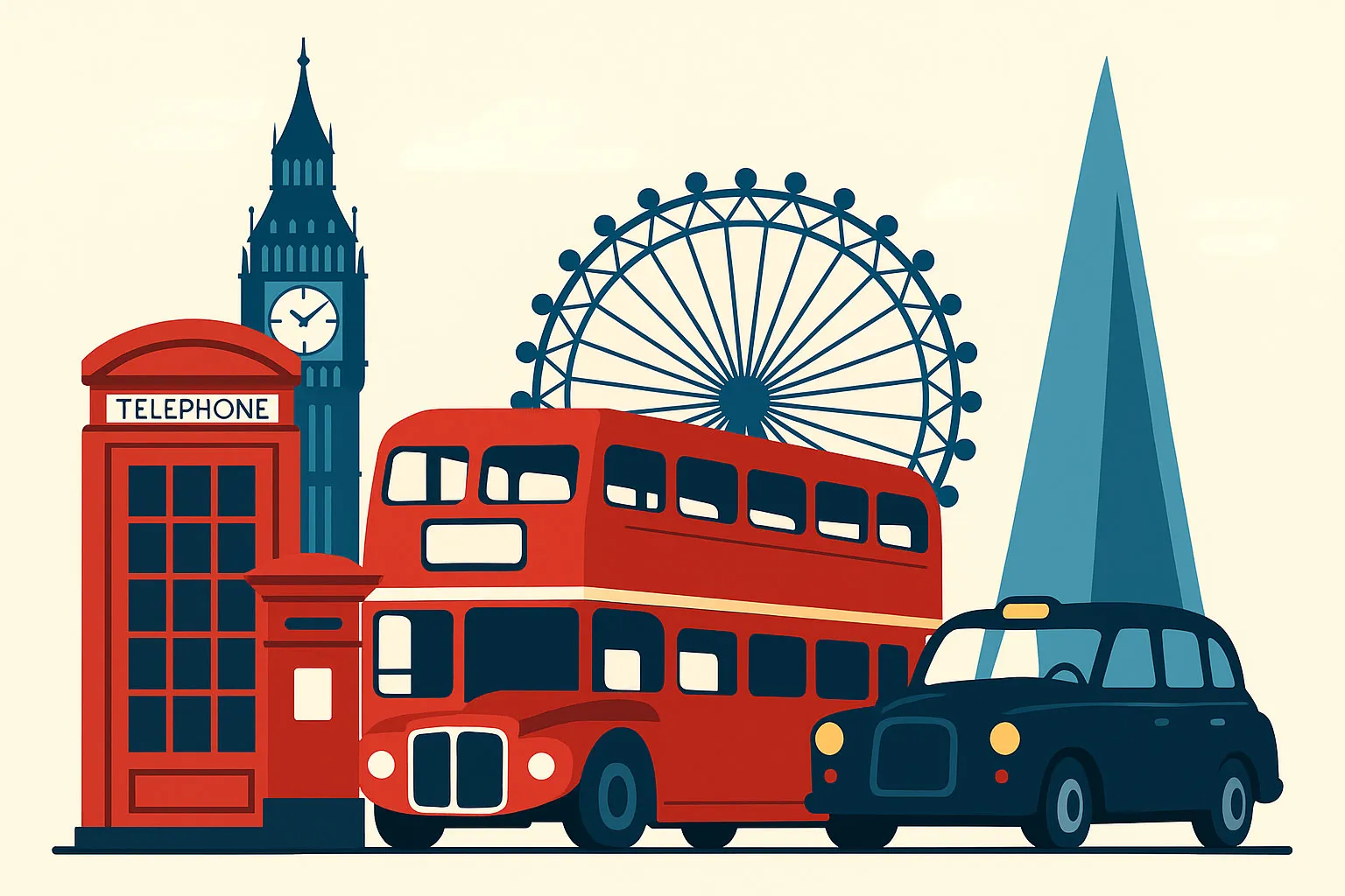 A collage of London's symbolic elements — red phone box, red double-decker bus, black cab, Big Ben, and the Union Jack.