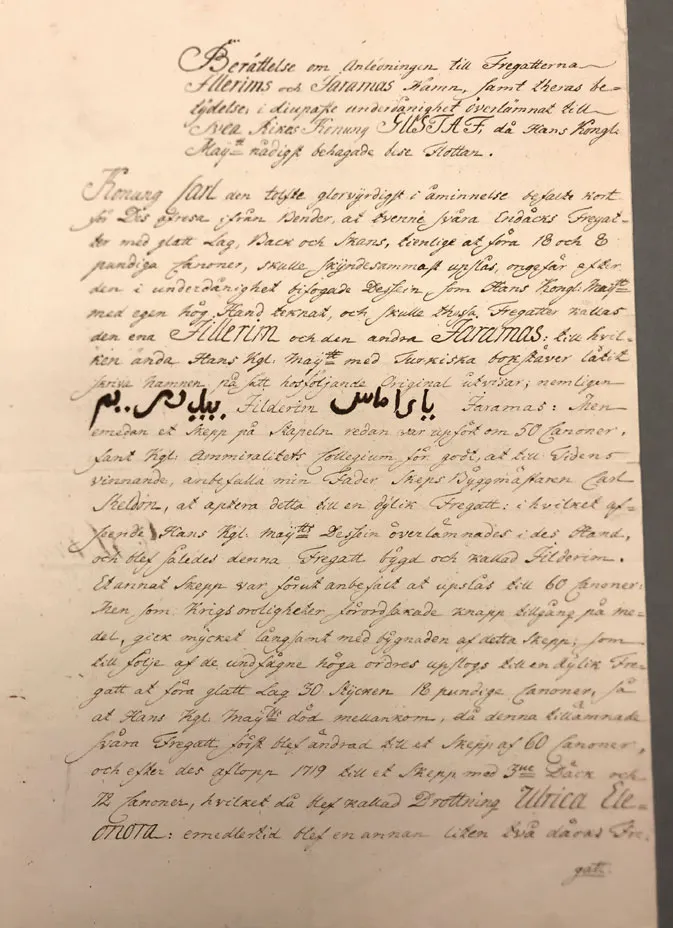 A handwritten historical letter to King Gustaf of Sweden explaining the origin of the frigate names Yaramaz and Yıldırım.