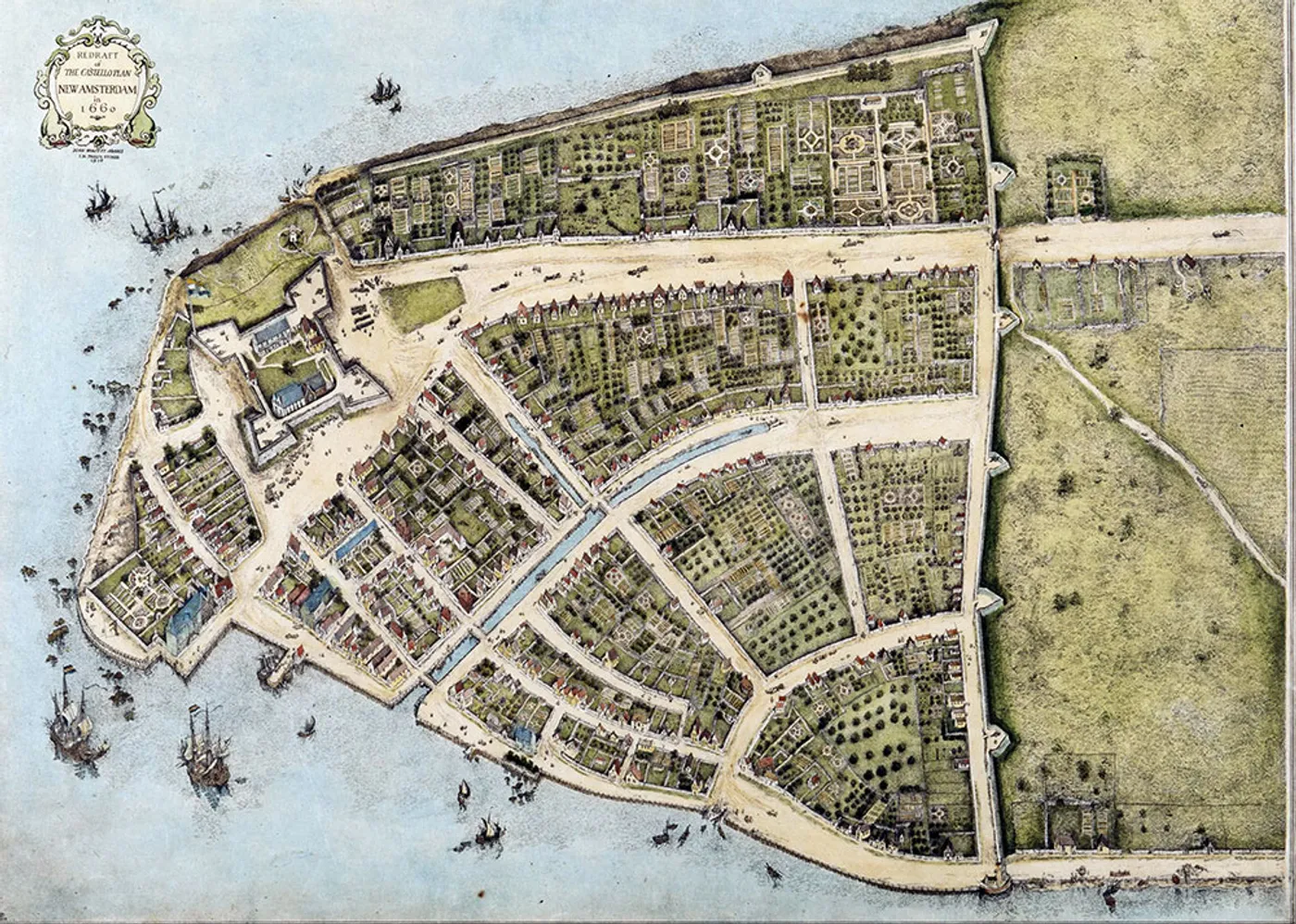 A 1660 city plan of New Amsterdam showing the grid of streets, the defensive wall, and the harbour front of the early Dutch town.