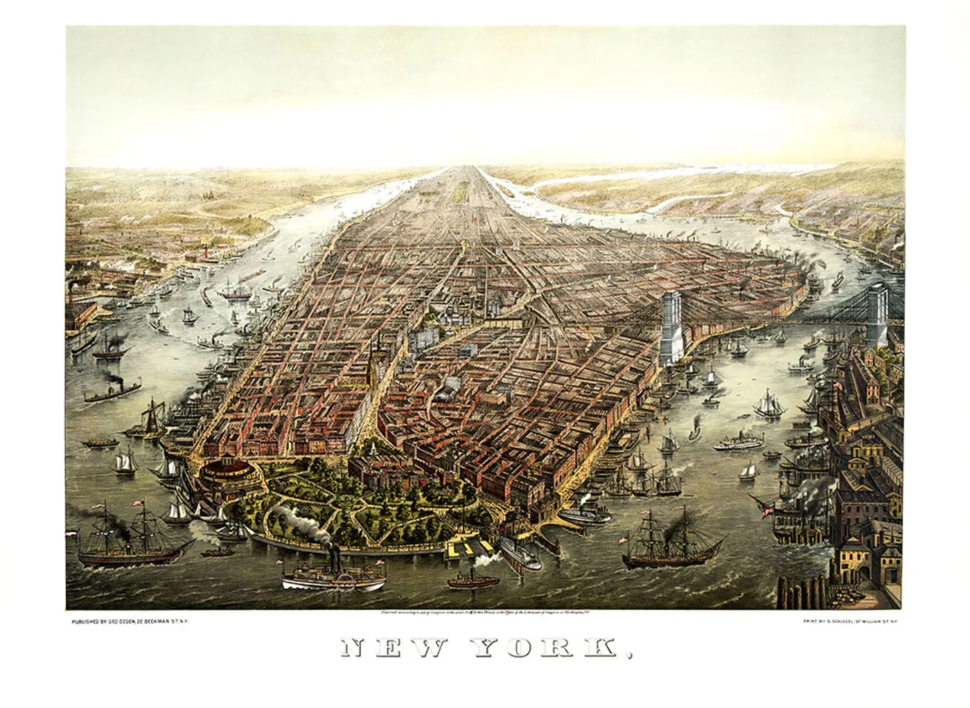 An 1873 lithograph panorama of New York harbour, dense with sailing ships and steamers in front of a growing city of church spires and warehouses.