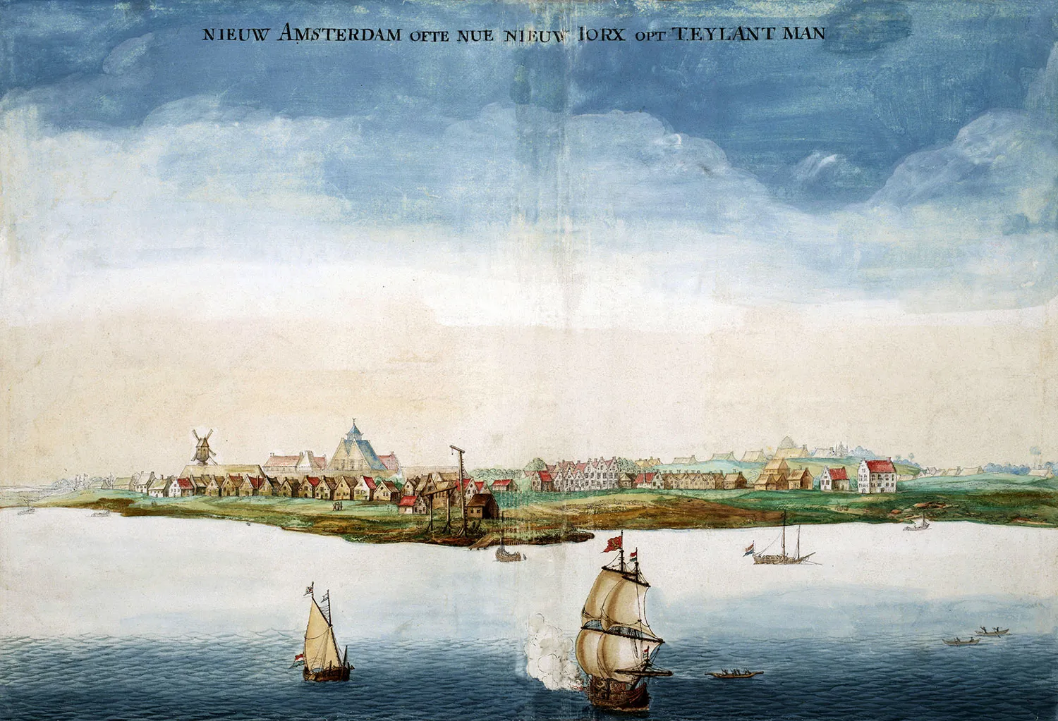 A seventeenth-century engraving of Nieuw Amsterdam — a small walled Dutch town of gabled houses and a windmill at the tip of Manhattan, with sailing ships in the harbour.