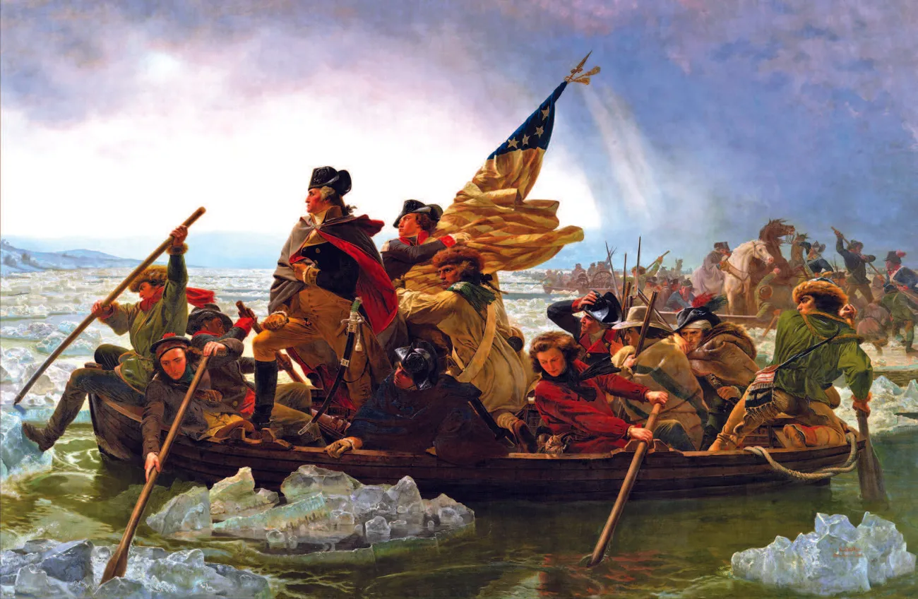 An oil painting of General George Washington on horseback amid the smoke of a Revolutionary War battlefield.