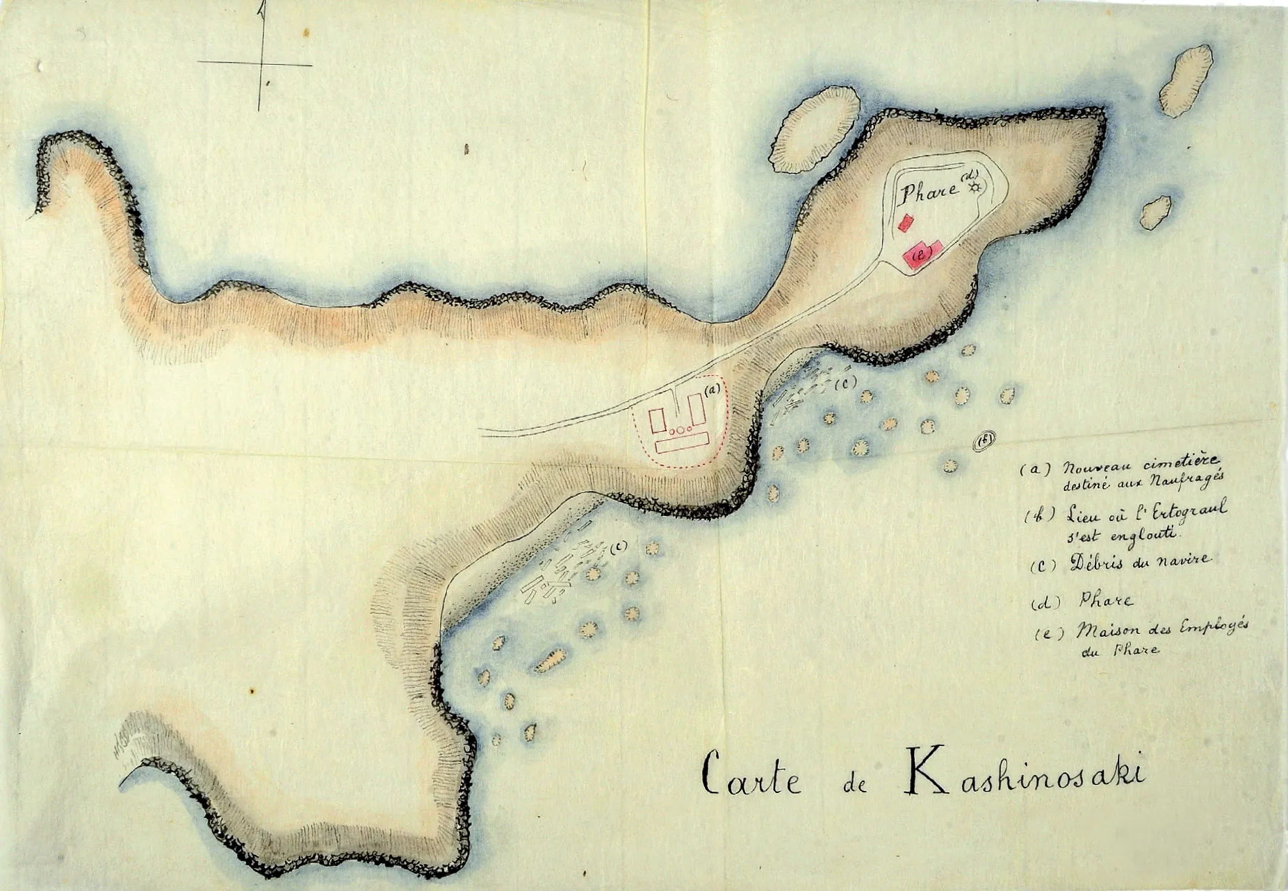 A period map showing where the Ertuğrul sank off Kashinozaki, with marked locations for the wreck, the cemetery, the lighthouse, and the lighthouse keeper's house.